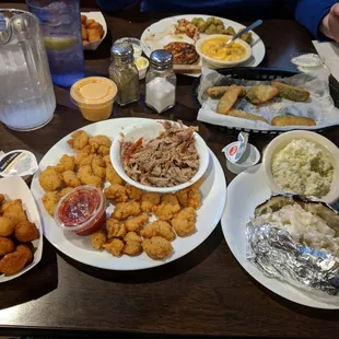 Absolutely amazing meal. Fried Zucchini, blackened chicken with Mac &amp; cheese and fried okra. Shrimp &amp; bbq plate with baked potato &amp; slaw.
