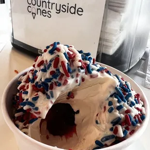 Vanilla custard filled with strawberry sundae sauce