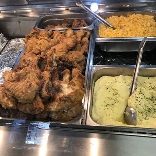 Fried chicken and Mac and cheese with mashed potatoes