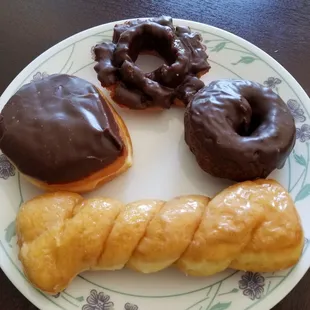 Chocolate old fashion, chocolate cake, twist, chocolate Bavarian cream filled donuts