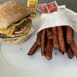 Bacon cheese burger and sweet potato fries.