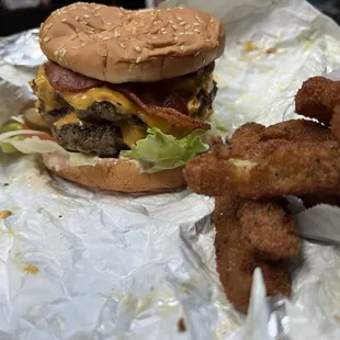 Double Bacon Cheeseburger and zucchini sticks.