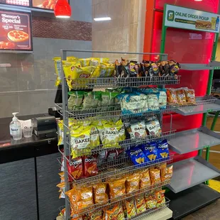 a display of chips and snacks