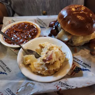 Mississippi Peacemaker (huge), baked beans, and potato salad