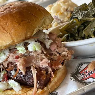Pit master with warm potato salad, collar greens