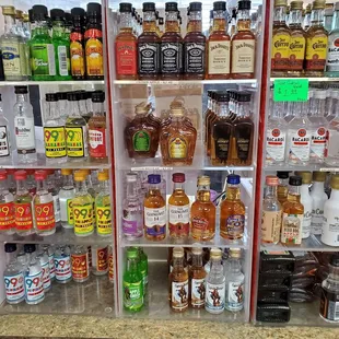 a variety of liquor bottles