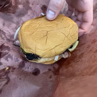 a hand holding a hamburger