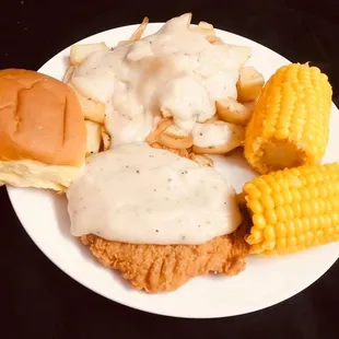 Chicken Fried Chicken w/ Corn &amp; Fried Potatoes with Homemade Country Gravy