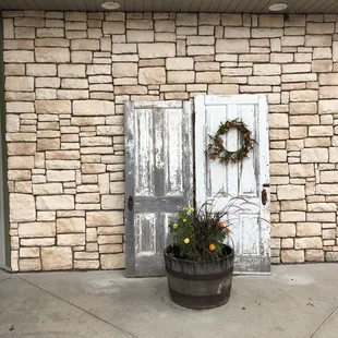 a potted plant in front of a door