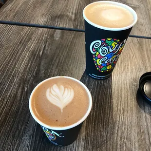 small mocha in front, large tiger latte in back