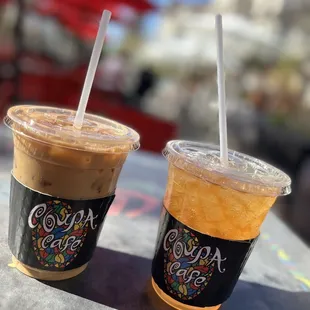 Hazelnut latte with oat milk and a Arnold Palmer