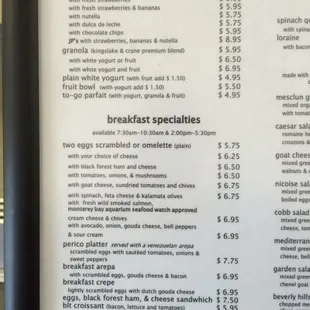 Breakfast menu
