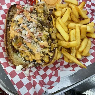 a pizza and french fries