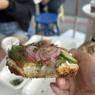 Half Run it Thru the Garden ($9) on sea salt sesame bagel cross section