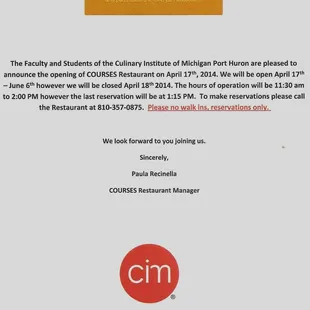 Courses Restaurant Info.