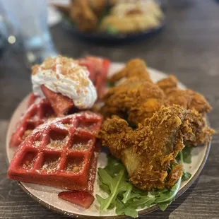 Chicken and Strawberry shortcake waffle