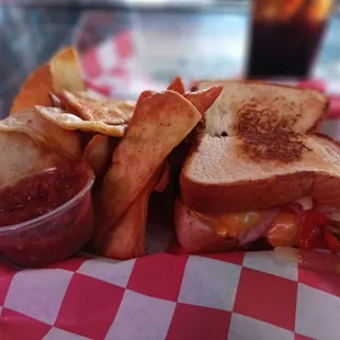 a grilled cheese sandwich and fries