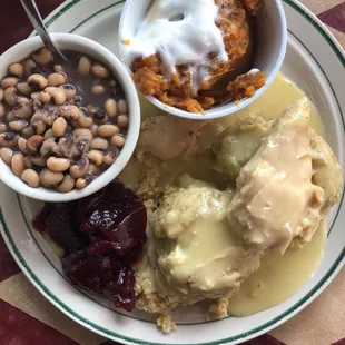 Chicken and dressing, the Thursday Special, with 2 sides - purple hull peas and sweet potato casserole