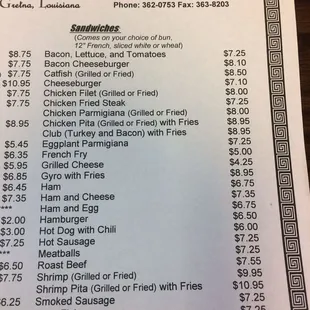 the price list for the restaurant