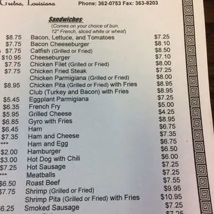 the price list for the restaurant