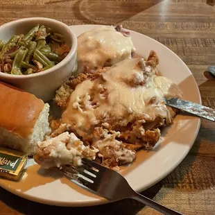 Chicken Fried Chicken meal with Mashed Potatoes and Gravy, with Green Beans