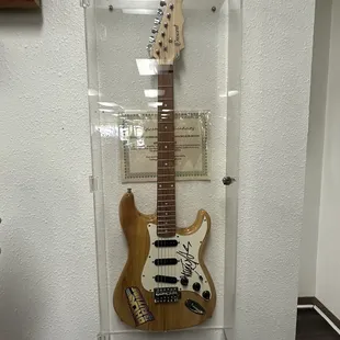 a guitar in a display case