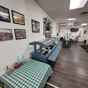 a checkered table and benches