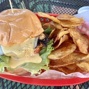 Grilled chicken sandwich-build your own-with pepper Jack, lettuce,tomato and honey mustard with homemade chips