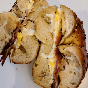 Bacon egg &amp; cheese on everything bagel.