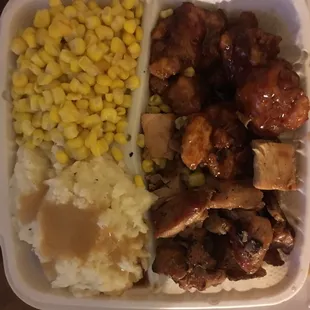 Bourbon chicken/ orange chicken with Mash potatoes and Corn