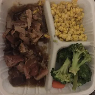 Bourbon chicken with corn and broccoli