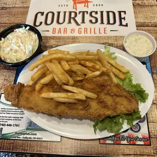 Walleye, fries and coleslaw.