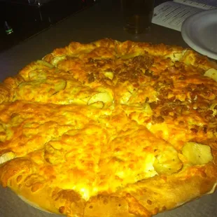 Potato pizza , bacon only on half