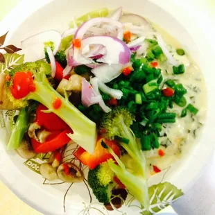 Tender chicken florentine with Italian cream sauce &amp; steamed veggies (eggplant, squash, broccoli, peppers &amp; carrots) &amp;cilantro