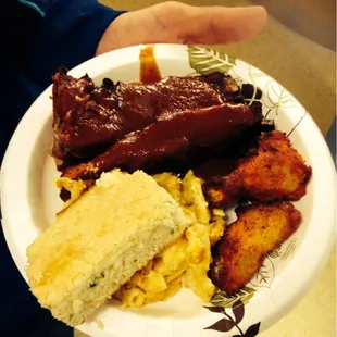Friend's hot wings, ribs, Mac &amp; cheese &amp; herbed corn bread.