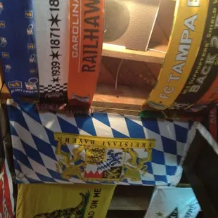 Ceiling is covered with soccer scarves