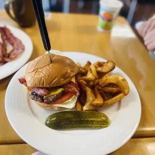 a hamburger and fries on a plate