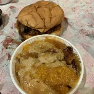 Brisket sandwich and peach cobbler. So yummy