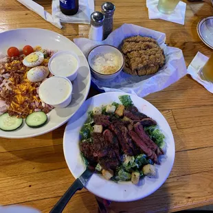 Chef salad, steak fingers, small caesar add ribeye