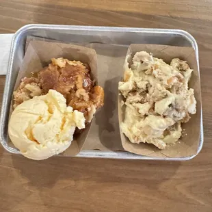Left is peach cobbler with vanilla ice cream and on the right is banana pudding
