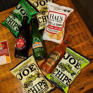 a variety of chips and beer