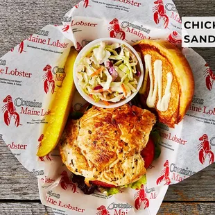 chicken sandwich with coleslaw and pickle