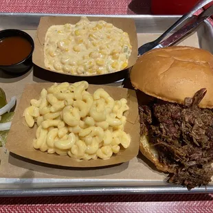 Chopped brisket sandwich, Mac n cheese and Texas street corn