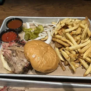 Pulled pork sandwich with fries