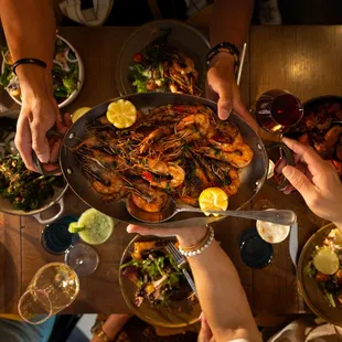 a group of people eating a meal