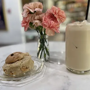 Salted caramel scone and iced lavender latte