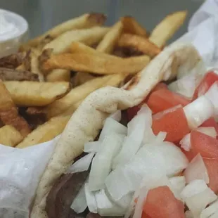 Classical Gyro with a side of fried and tzatziki sauce