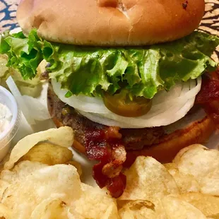 Bacon, Cheddar Jalapeño, pickle, lettuce, onion, tomato awesome burger...