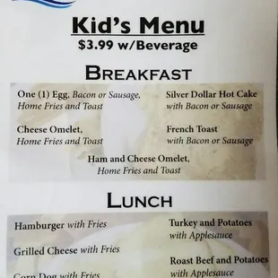 Kids menu