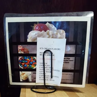 An ice cream menu that looks as if it were laminated in 1991.